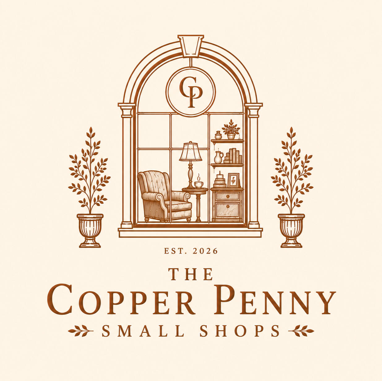 Logo for Copper Penny Small Shops A graphic window view of a cozy sitting area with the Copper Penny Logo.